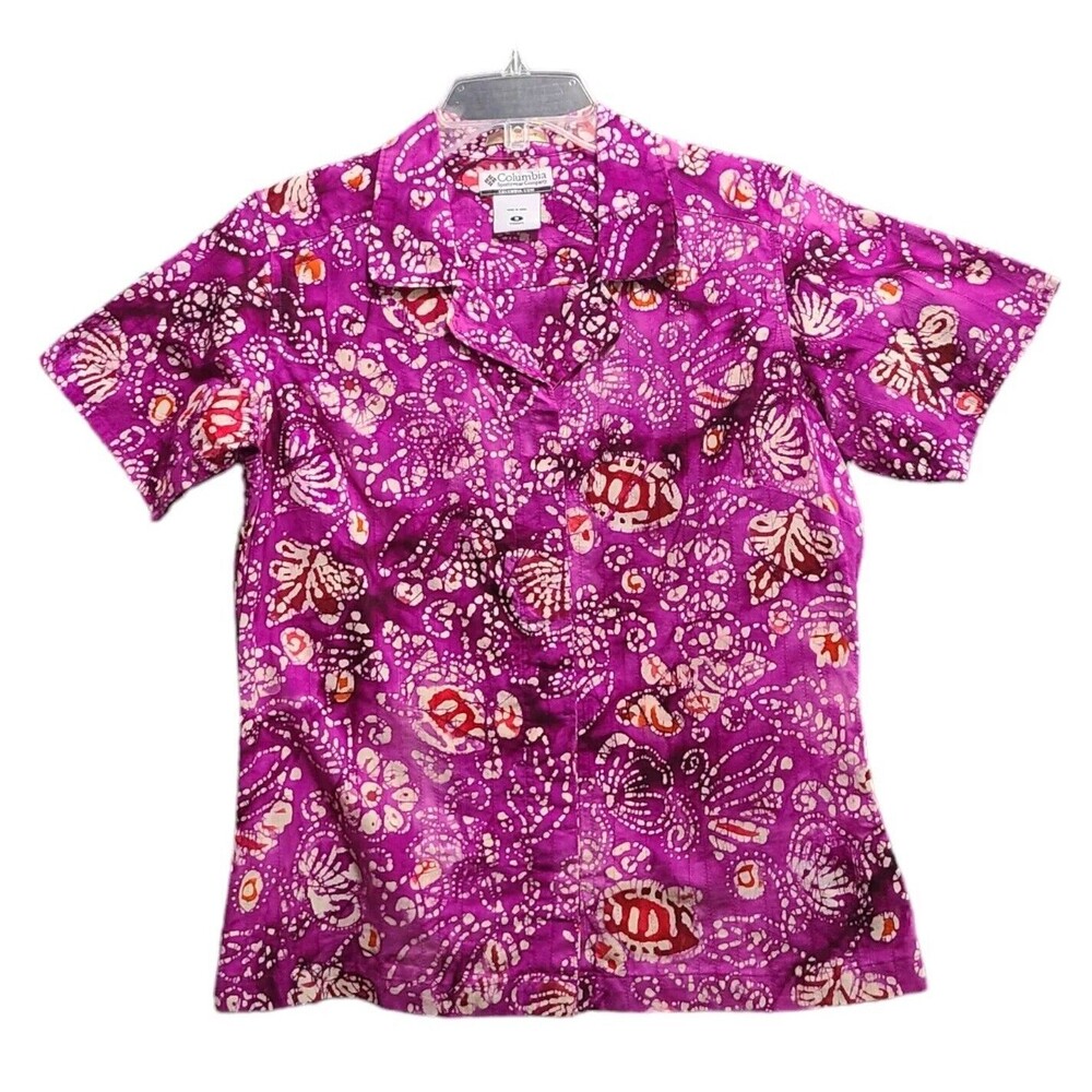 Columbia River Resort Hawaiian Shirt Women's S Purple Colorful Abstract Cotton